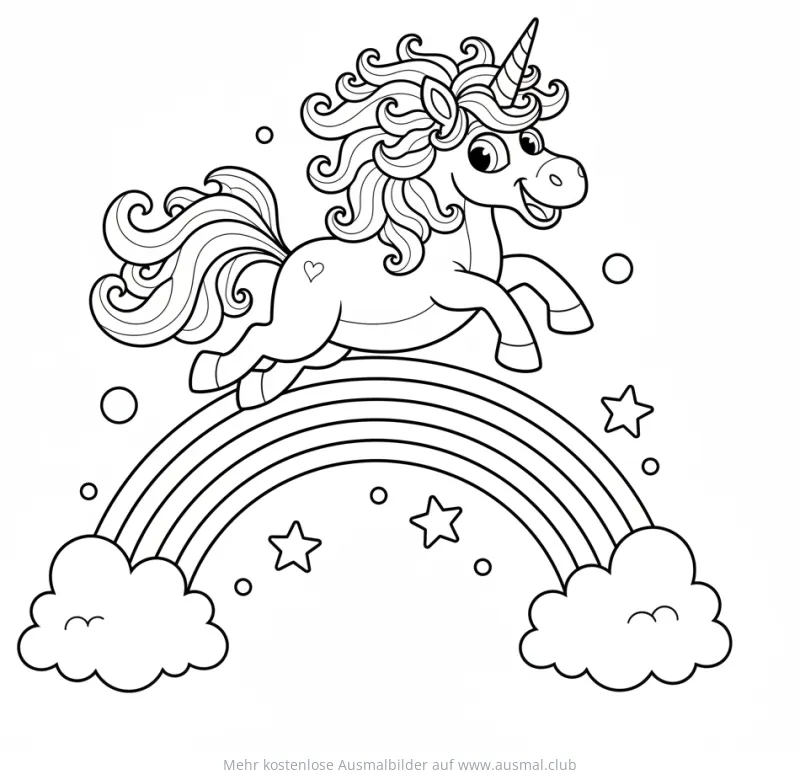 Einhorn springt über einen Regenbogen Ausmalbild