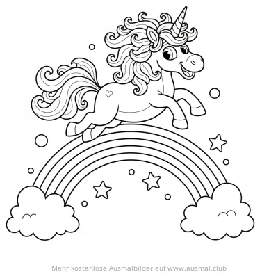 Einhorn springt über einen Regenbogen Ausmalbild