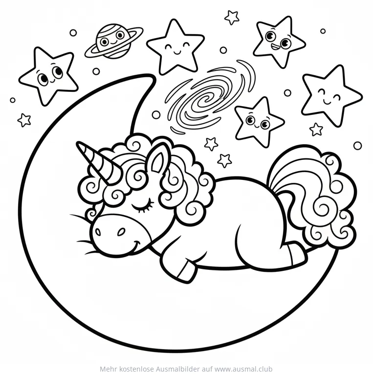 Schlafendes Einhorn auf Mondsichel Ausmalbild mit Sternen