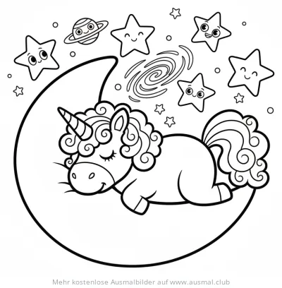 Schlafendes Einhorn auf Mondsichel Ausmalbild mit Sternen