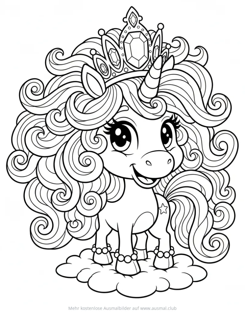 Einhorn als Prinzessin mit Krone auf einer Wolke Ausmalbild