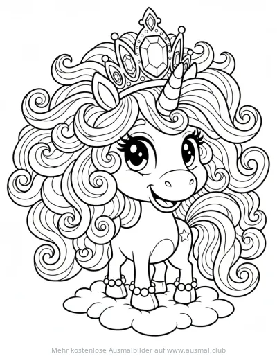 Einhorn als Prinzessin mit Krone auf einer Wolke Ausmalbild
