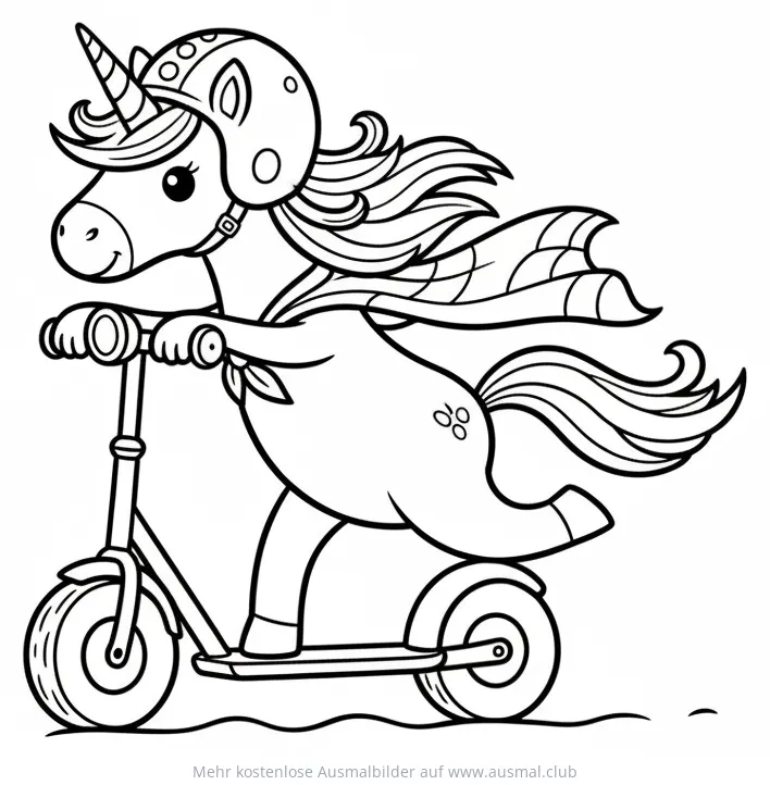 Einhorn mit Helm fährt Roller Ausmalbild