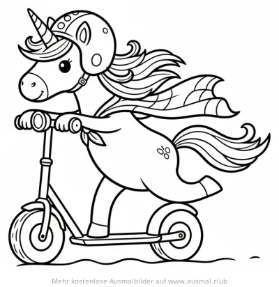 Einhorn mit Helm fährt Roller Ausmalbild