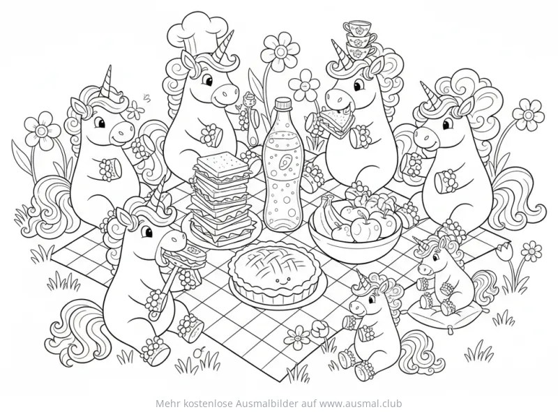 Einhorn Picknick Ausmalbild mit Kuchen, Sandwiches und Getränken