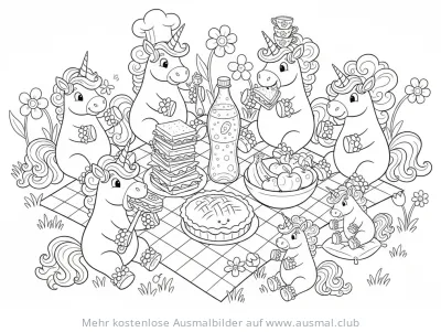 Einhorn Picknick Ausmalbild mit Kuchen, Sandwiches und Getränken