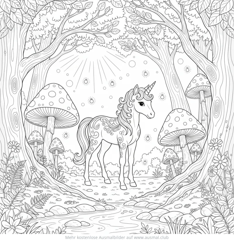 Einhorn Fohlen im Wald Ausmalbild