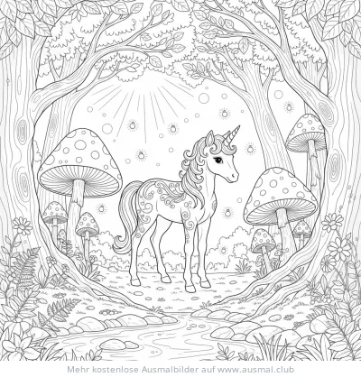 Einhorn Fohlen im Wald Ausmalbild