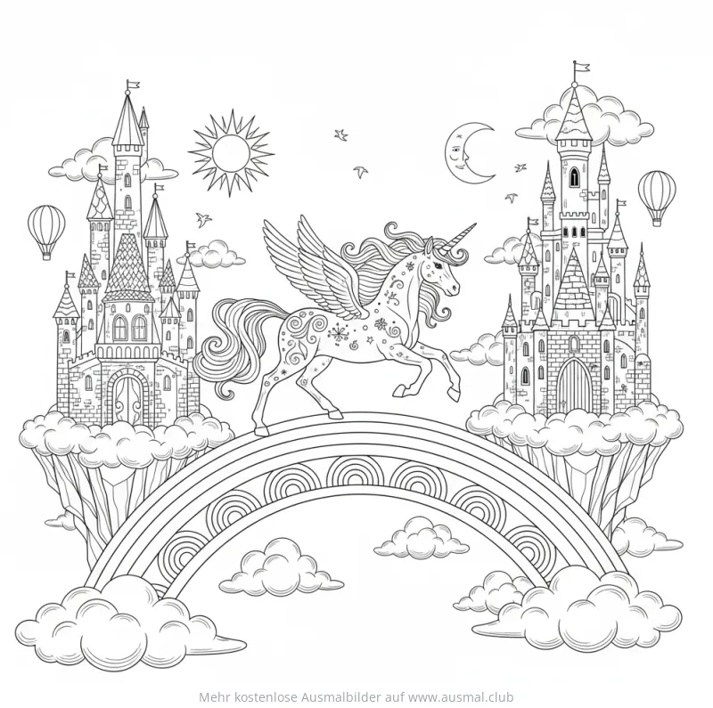 Geflügeltes Einhorn auf Regenbogen zwischen Schlössern Ausmalbild