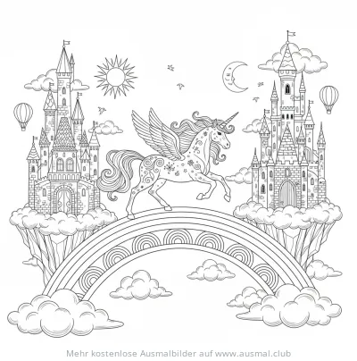 Geflügeltes Einhorn auf Regenbogen zwischen Schlössern Ausmalbild