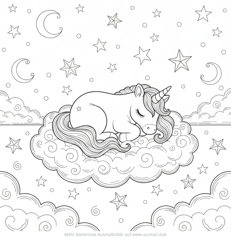 Schlafendes Einhorn auf Wolke Ausmalbild