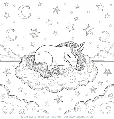 Schlafendes Einhorn auf Wolke Ausmalbild