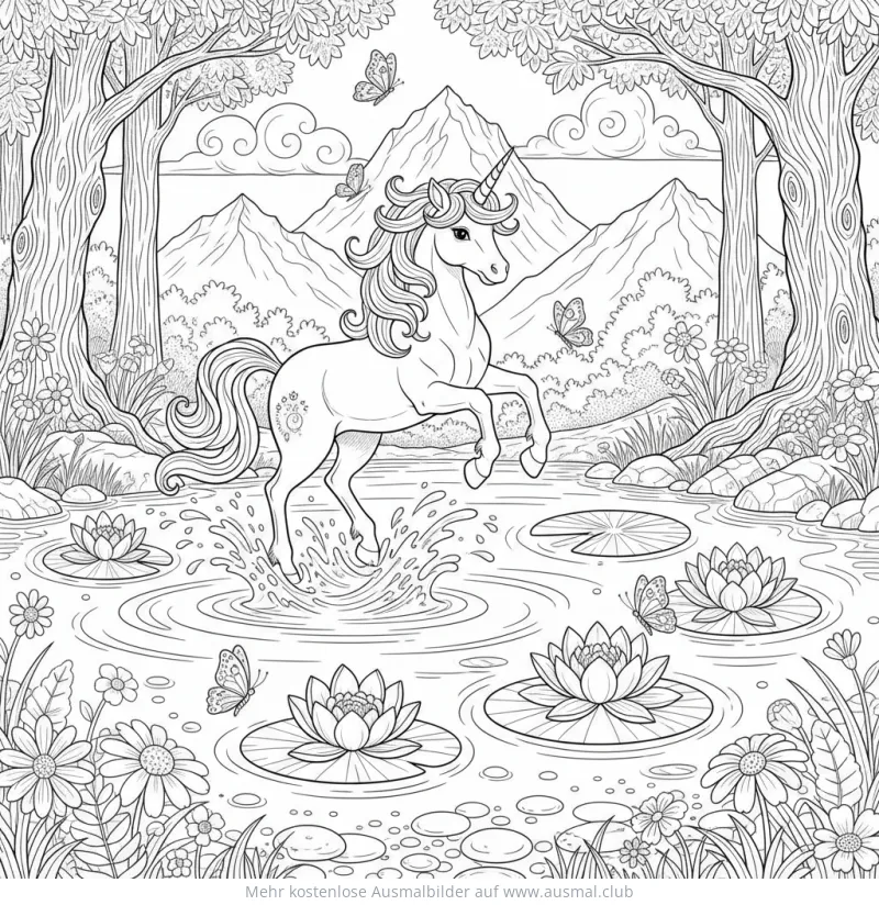 Einhorn steht im See mit Seerosen und Schmetterlingen Ausmalbild