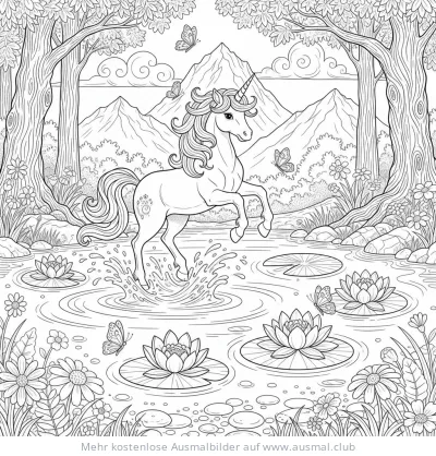 Einhorn steht im See mit Seerosen und Schmetterlingen Ausmalbild