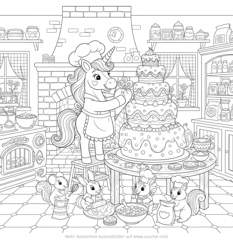 Einhorn als Bäcker dekoriert Kuchen, Nagetiere helfen Ausmalbild