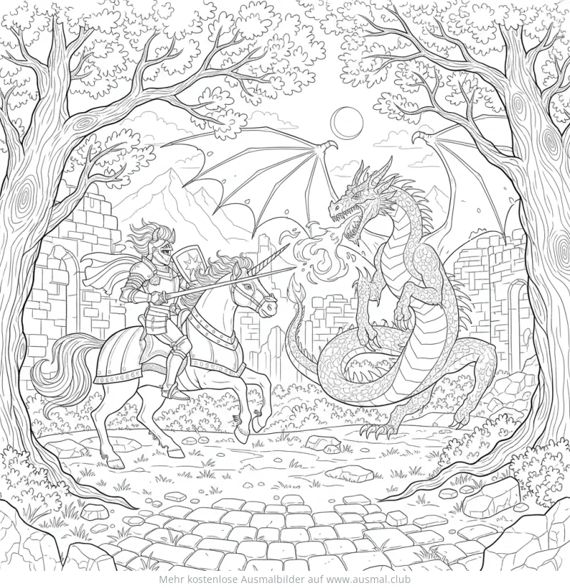 Einhorn Ritter gegen Drachen Ausmalbild