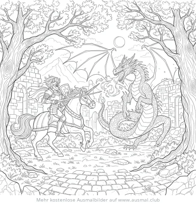 Einhorn Ritter gegen Drachen Ausmalbild