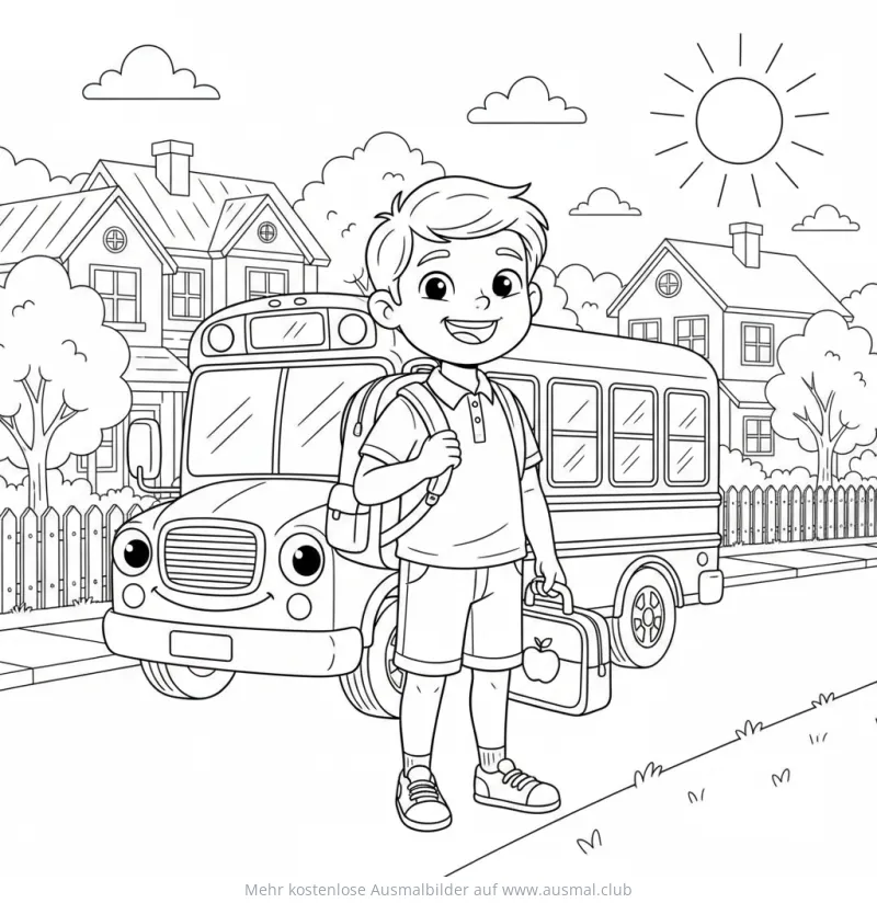 Junge vor Schulbus Ausmalbild