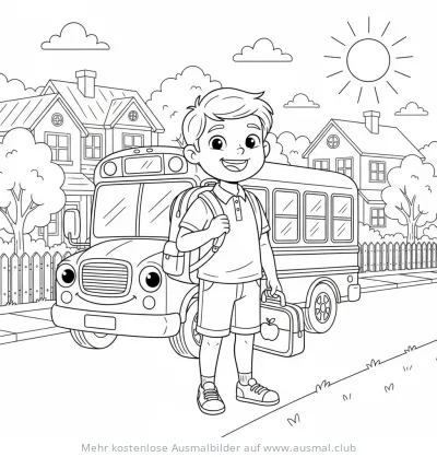 Junge vor Schulbus Ausmalbild
