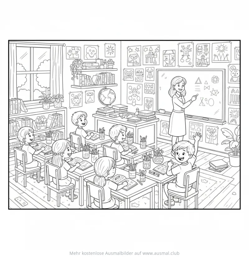 Klassenzimmer mit Lehrerin und Schülern Ausmalbild