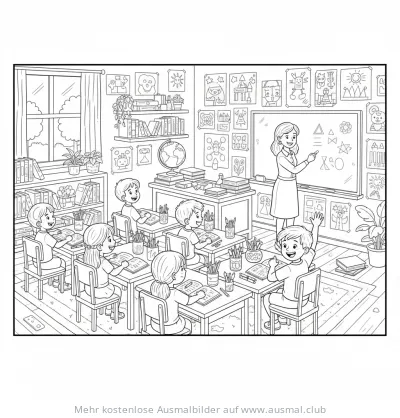 Klassenzimmer mit Lehrerin und Schülern Ausmalbild