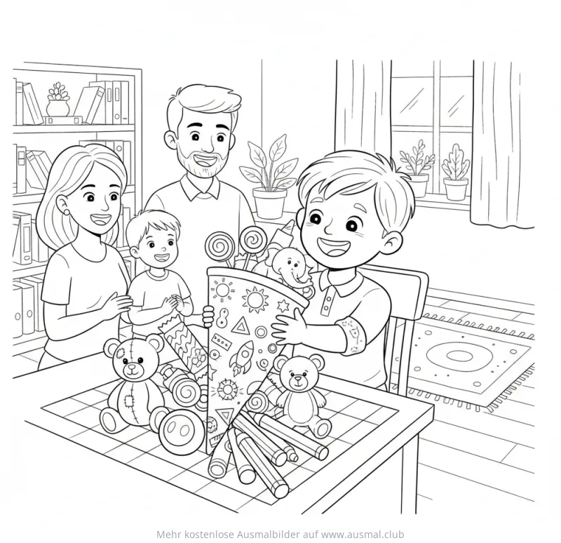Junge mit Schultüte Ausmalbild mit Familie