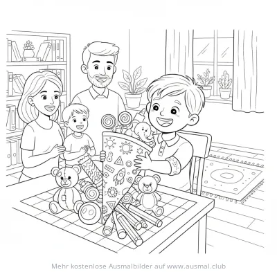 Junge mit Schultüte Ausmalbild mit Familie