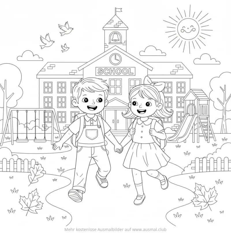Junge und Mädchen auf dem Weg zur Schule Ausmalbild