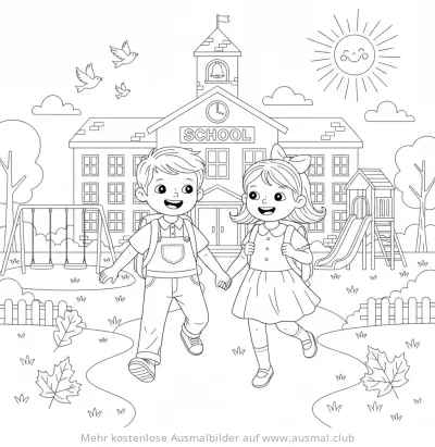 Junge und Mädchen auf dem Weg zur Schule Ausmalbild