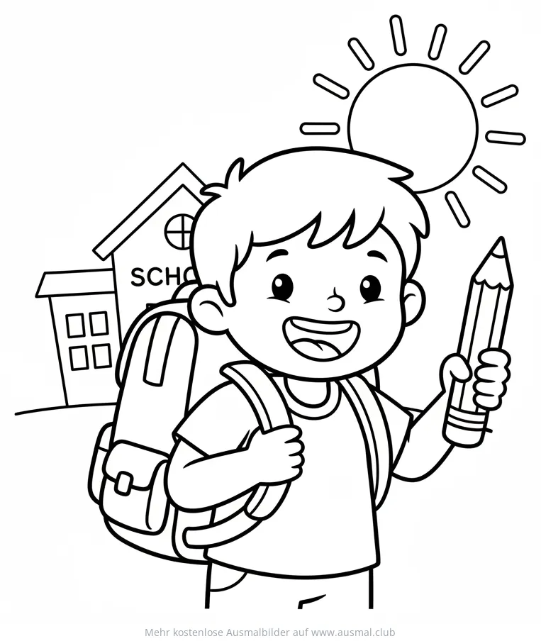 Fröhlicher Junge mit Rucksack und Bleistift vor Schule Ausmalbild