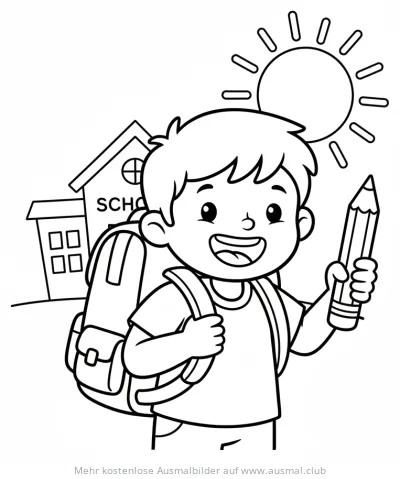 Fröhlicher Junge mit Rucksack und Bleistift vor Schule Ausmalbild