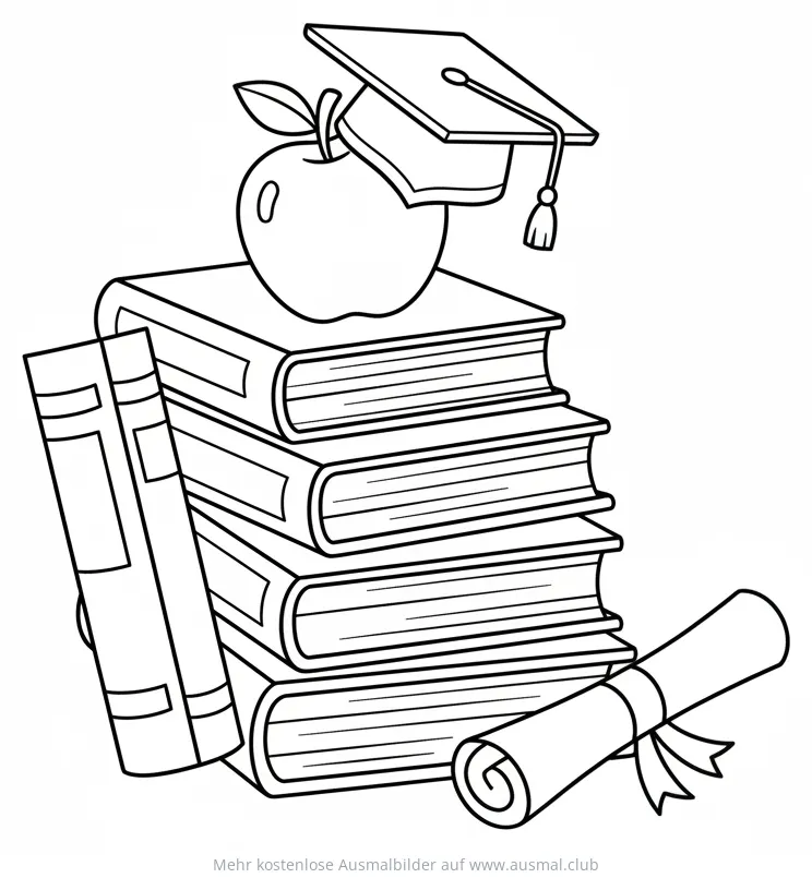 Schulbücher, Apfel, Doktorhut und Urkunde Ausmalbild