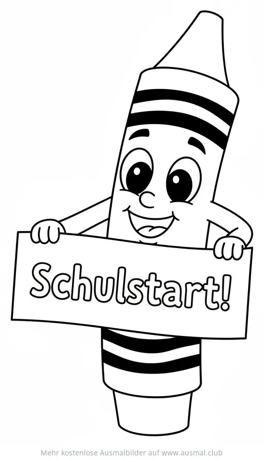 Freundlicher Buntstift mit Schild 'Schulstart!' Ausmalbild