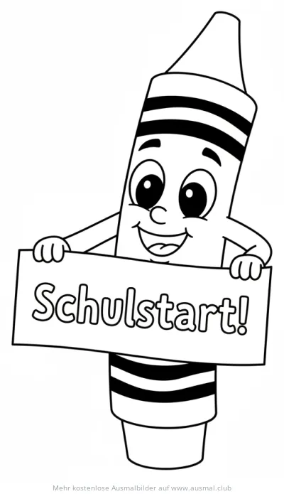 Freundlicher Buntstift mit Schild 'Schulstart!' Ausmalbild