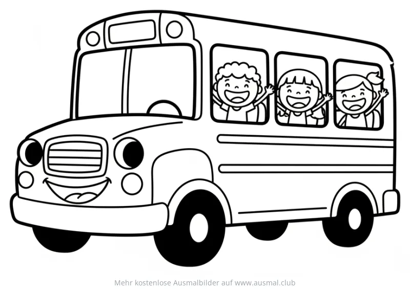 Schulbus mit lachenden Kindern Ausmalbild
