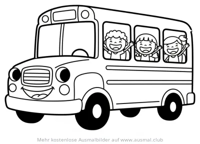 Schulbus mit lachenden Kindern Ausmalbild