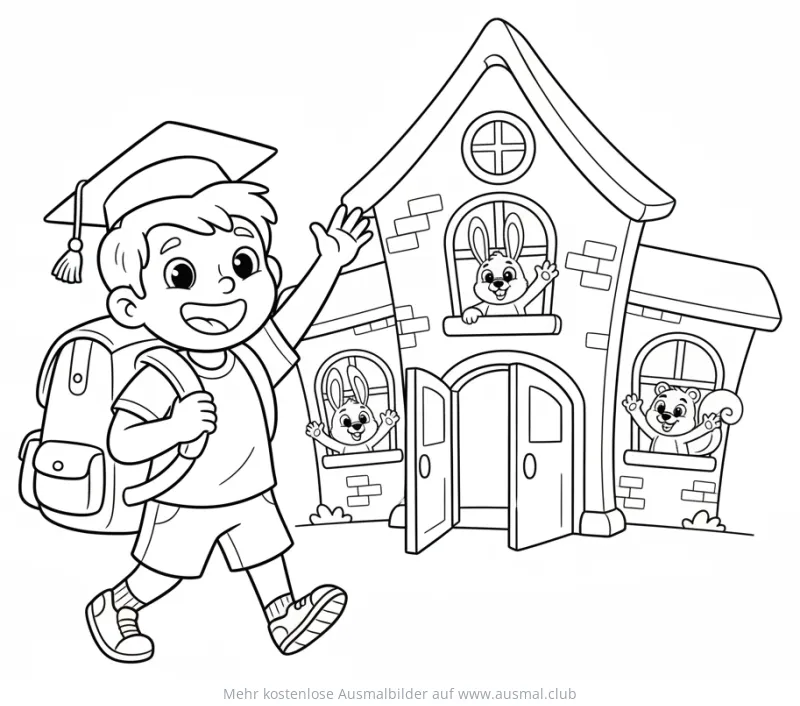 Fröhlicher Schuljunge vor Schulgebäude mit winkenden Tieren Ausmalbild