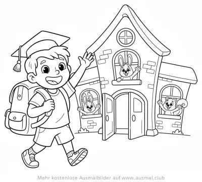 Fröhlicher Schuljunge vor Schulgebäude mit winkenden Tieren Ausmalbild