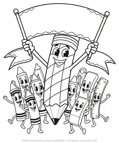 Lustiger Stift mit Fahne und lachenden Schulutensilien Ausmalbild