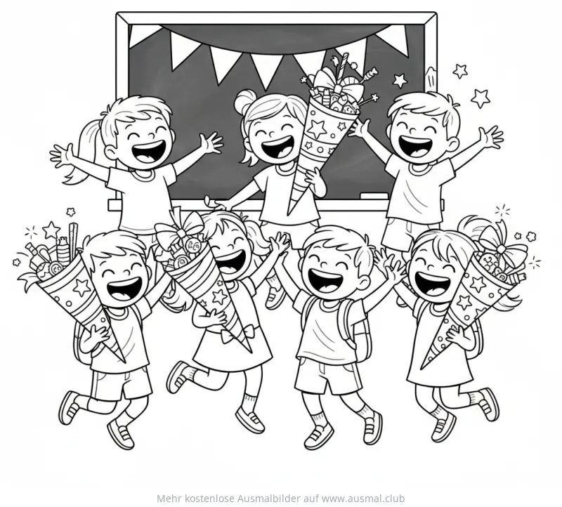 Fröhliche Kinder mit Schultüten vor Schultafel Ausmalbild