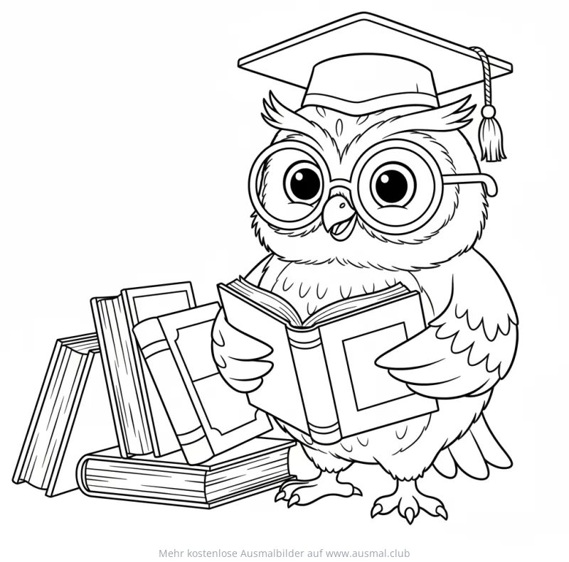 Eule mit Brille und Bücher Ausmalbild Einschulung