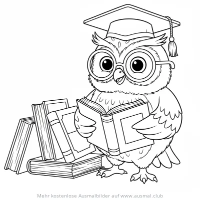 Eule mit Brille und Bücher Ausmalbild Einschulung