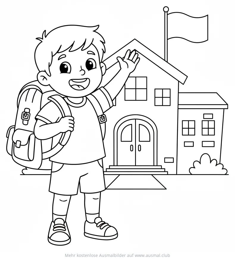 Fröhlicher Junge mit Schulranzen vor Schulgebäude Ausmalbild