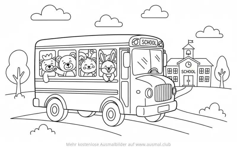Schulbus mit Tieren auf dem Weg zur Schule Ausmalbild