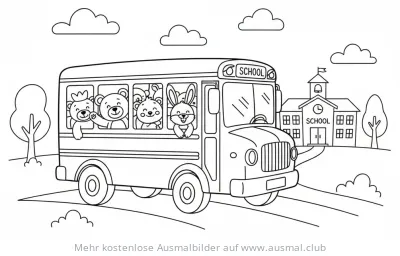 Schulbus mit Tieren auf dem Weg zur Schule Ausmalbild