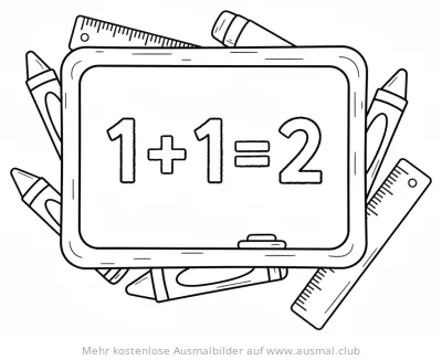 Tafel mit Rechenaufgabe und Schulmaterialien Ausmalbild