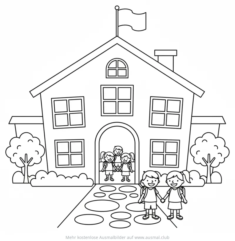 Schule mit Kindern Ausmalbild