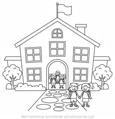 Schule mit Kindern Ausmalbild