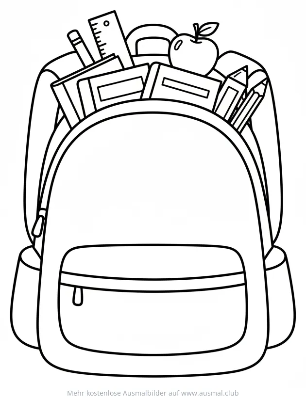 Schulranzen gefüllt mit Schulmaterial Ausmalbild