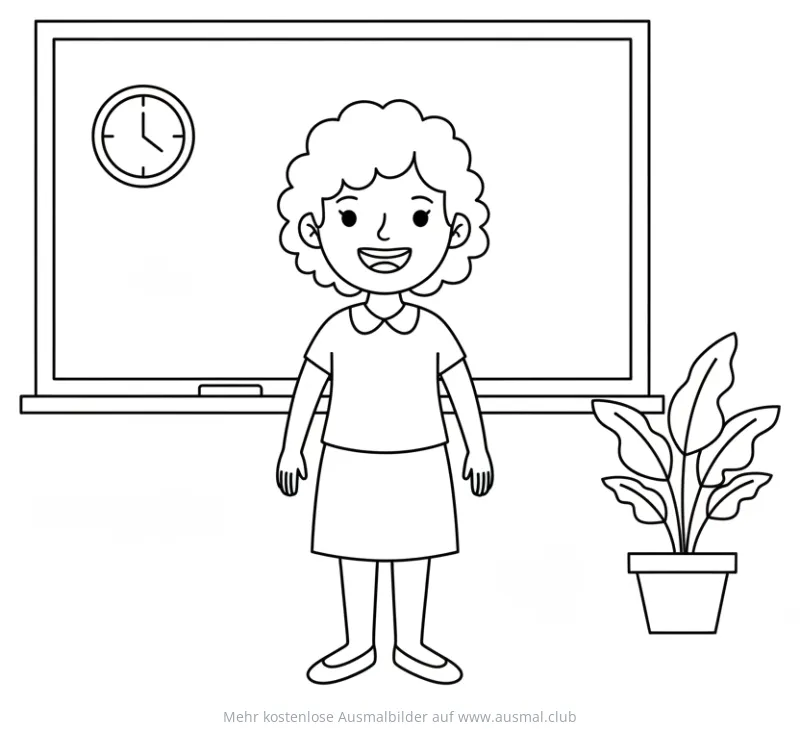 Lehrerin vor Tafel mit Uhr und Zimmerpflanze Ausmalbild